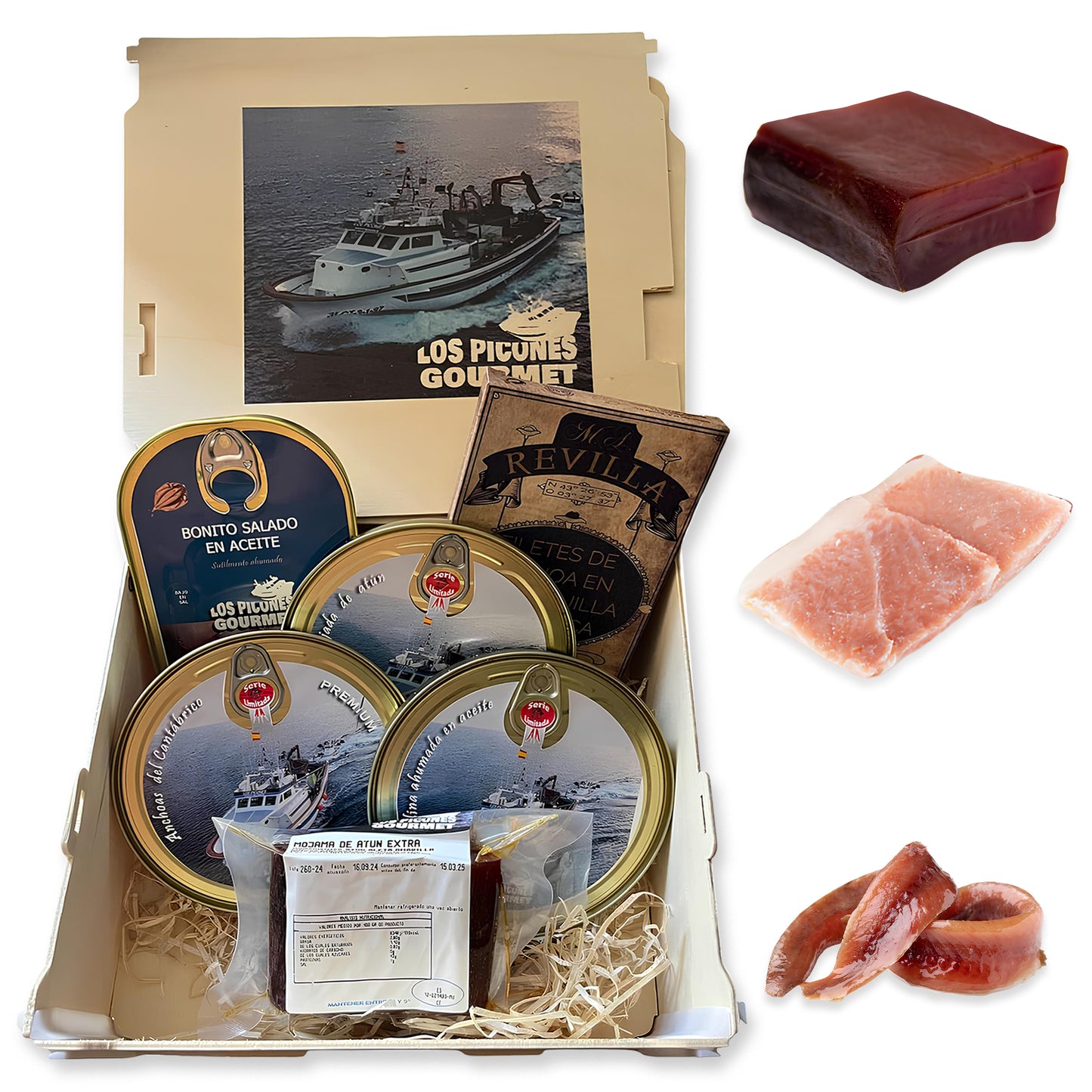 Pack Variado I Ijada de Atún I Sardina Ahumada I Anchoas del Cantábrico I Lata Hansa Anchoas Revilla I Bonito Salado en Aceite I Mojama de Atún Premium.