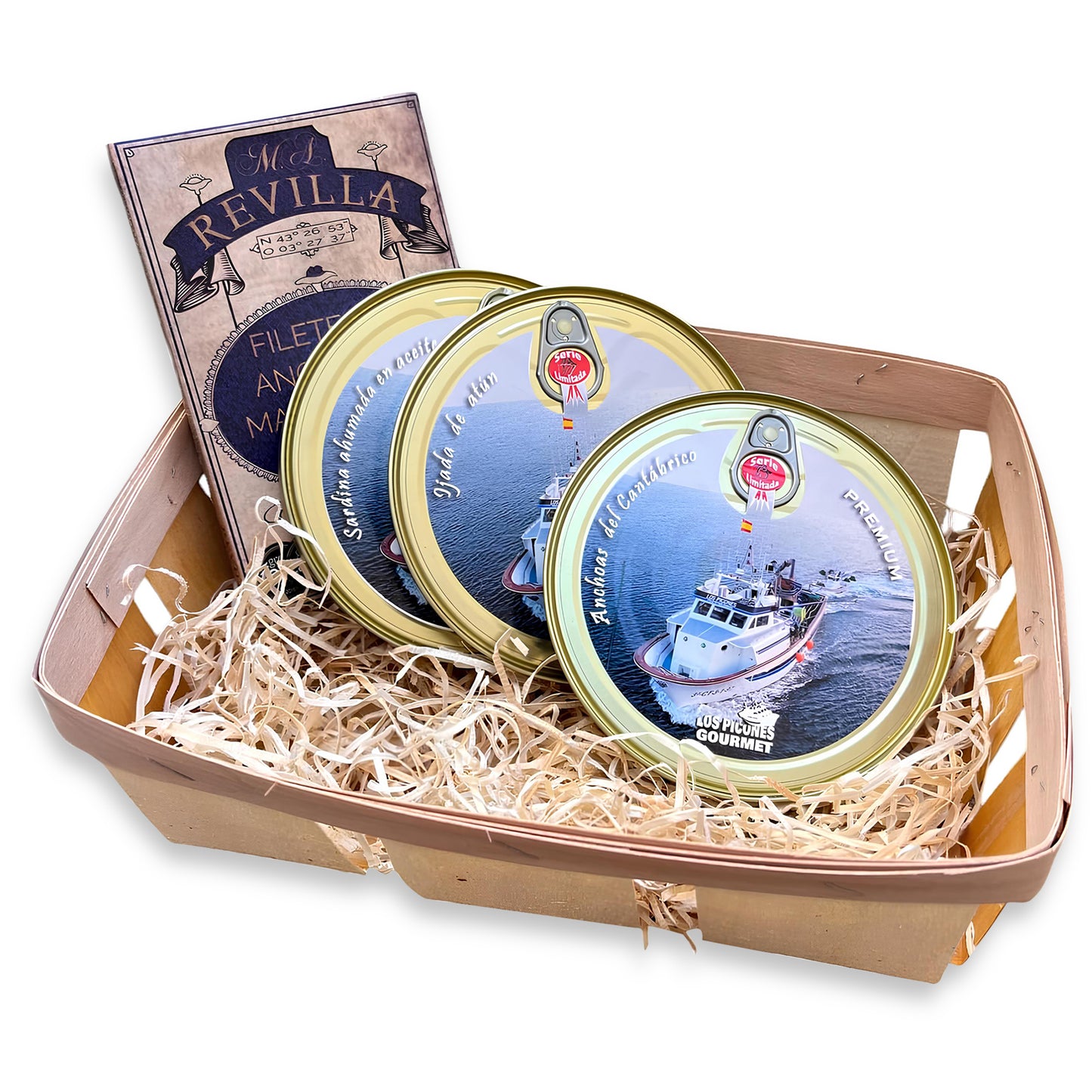 Pack Premium I Cesta Variada Productos Gourmet I Lata Hansa Anchoas Revilla I Ijada de Atún I Sardinas Ahumadas I Anchoas del Cantábrico Premium.