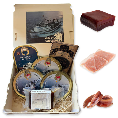 Pack Variado I Ijada de Atún I Sardina Ahumada I Anchoas del Cantábrico I Lata Hansa Anchoas Revilla I Bonito Salado en Aceite I Mojama de Atún Premium.