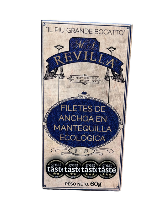 Anchoas Revilla I Anchoas Del Cantábrico en Mantequilla Ecológica I Octavilla 60g/8-10 lomos.